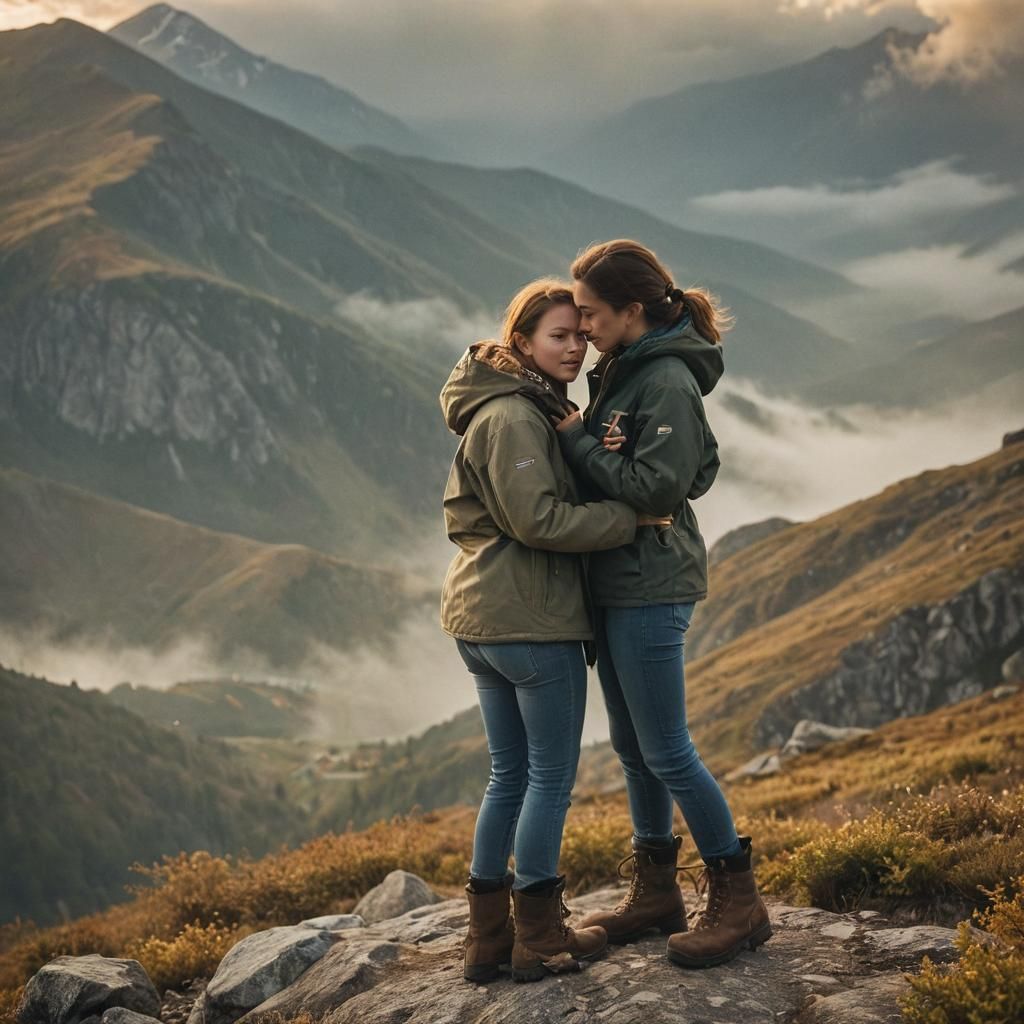 Women Cuddling in Misty Mountains with Golden Clouds