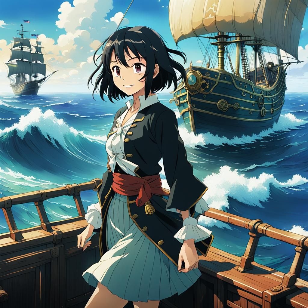 Anime Pirate Girl Commands Galleon in Ghibli Style