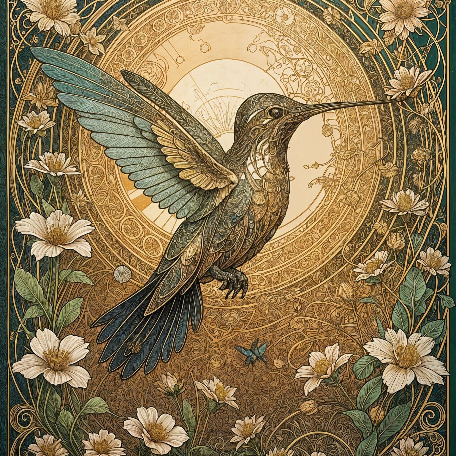 Mechanical Hummingbird Over Bioluminescent Flowers in Retro-...