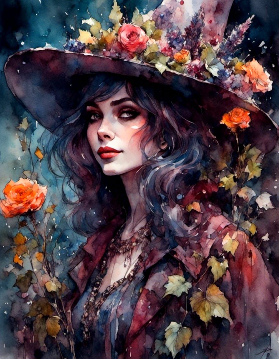 Cute Garden Witch in Fluid Gouache Style