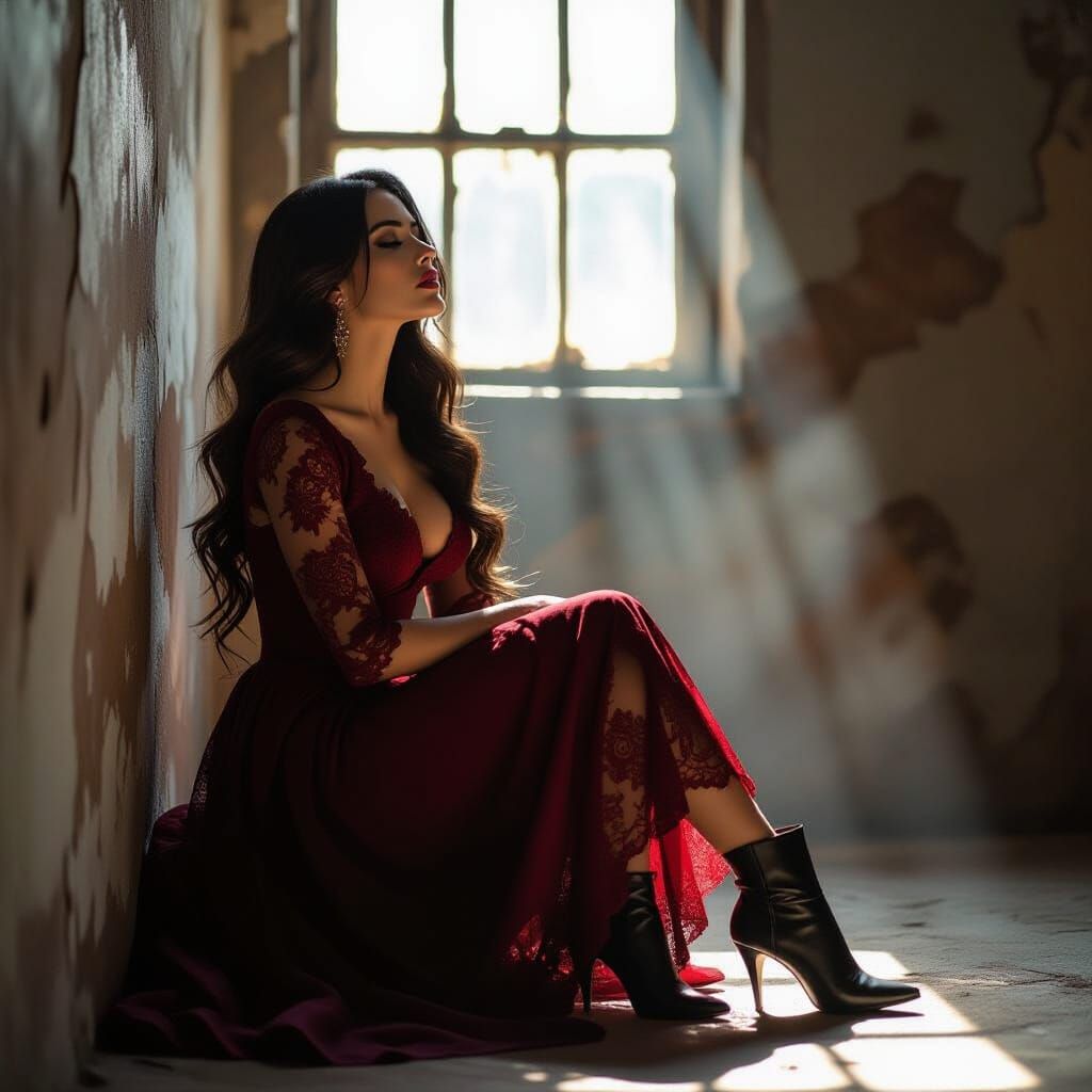 Woman in Red Dress: Dramatic Lighting