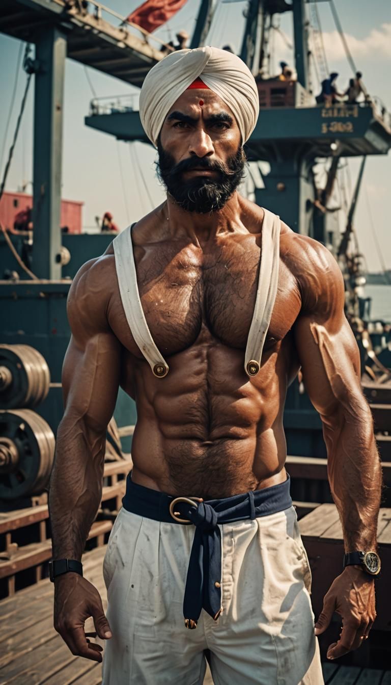 Tanned Sikh bodybuilder sailor