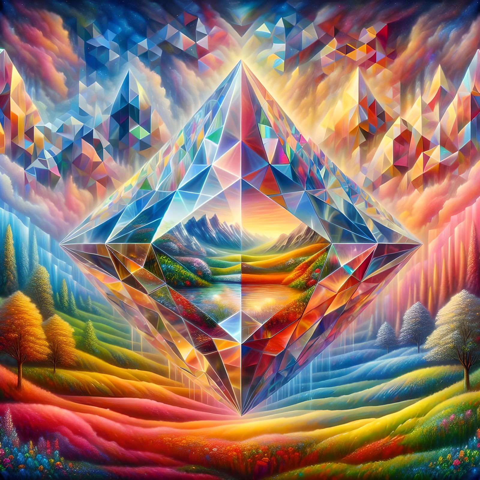 Prismatic Crystal Reflecting Four Seasons in 3D Graphics