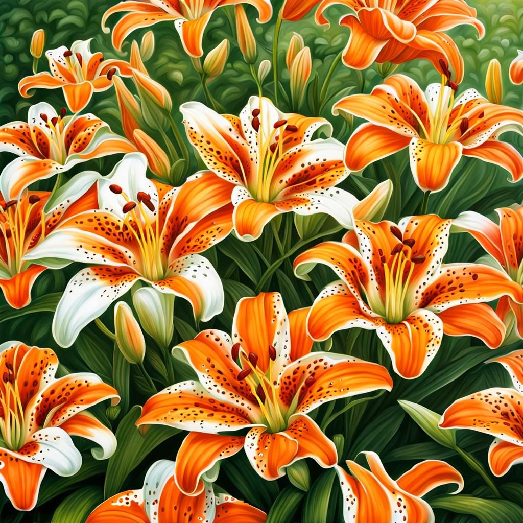 Tiger Lilies Bloom in Chinese Garden: Airbrush Art