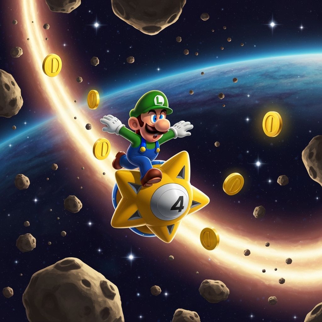 Luigi Flies Through Space on Warp Star in Vintage Art Style