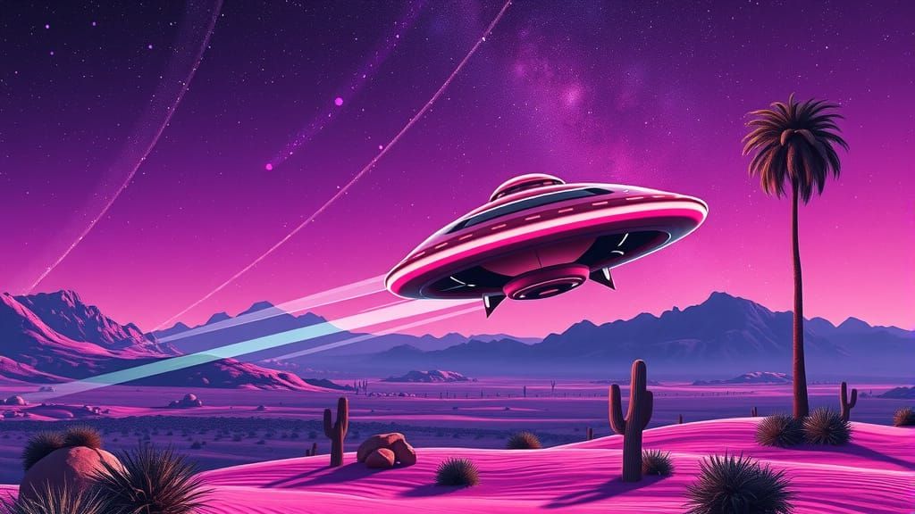 Retro Flying Saucer Over Desert Galaxy: 80s Style