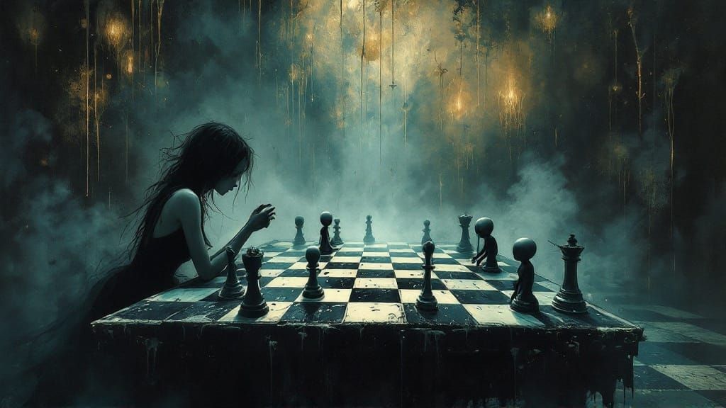 Gothic Girl Plays Macabre Chess in a Surreal Dreamscape