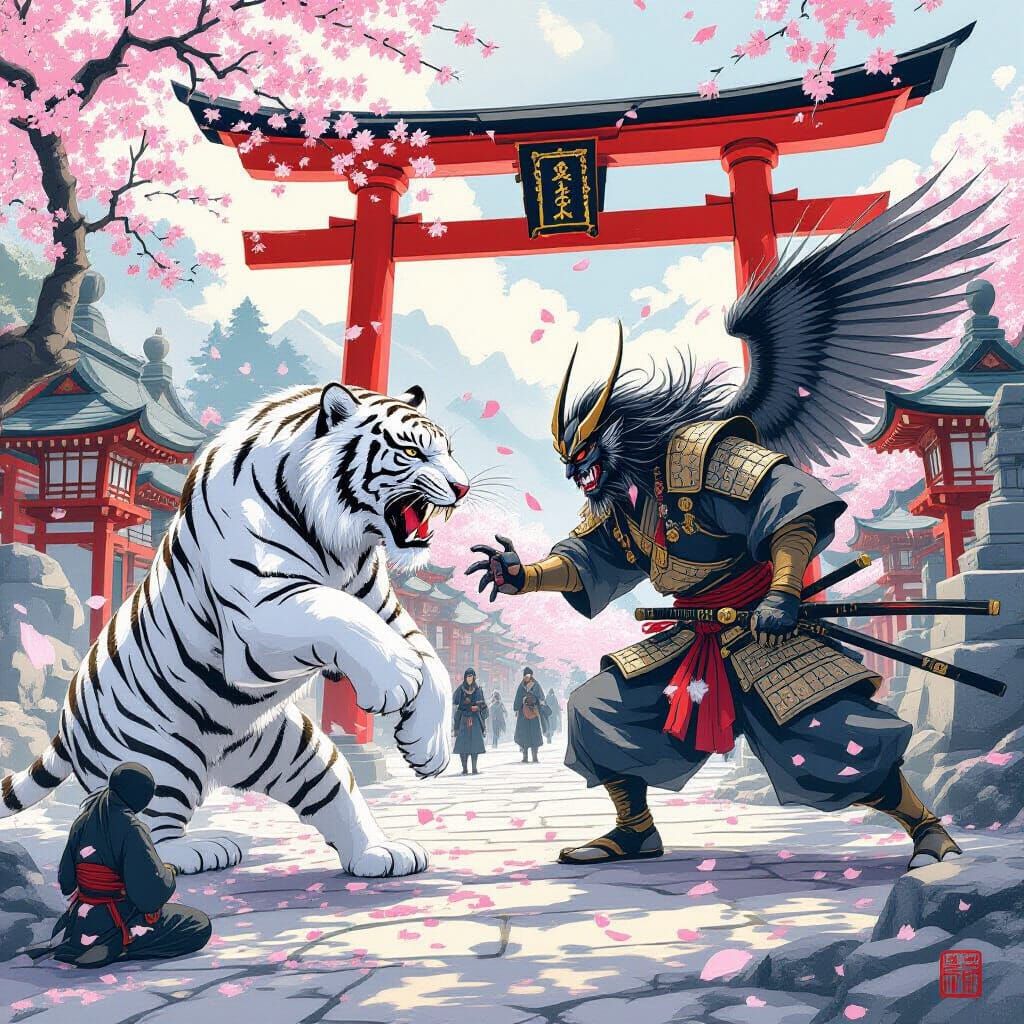 Tiger and Tengu Clash at Shinto Shrine
