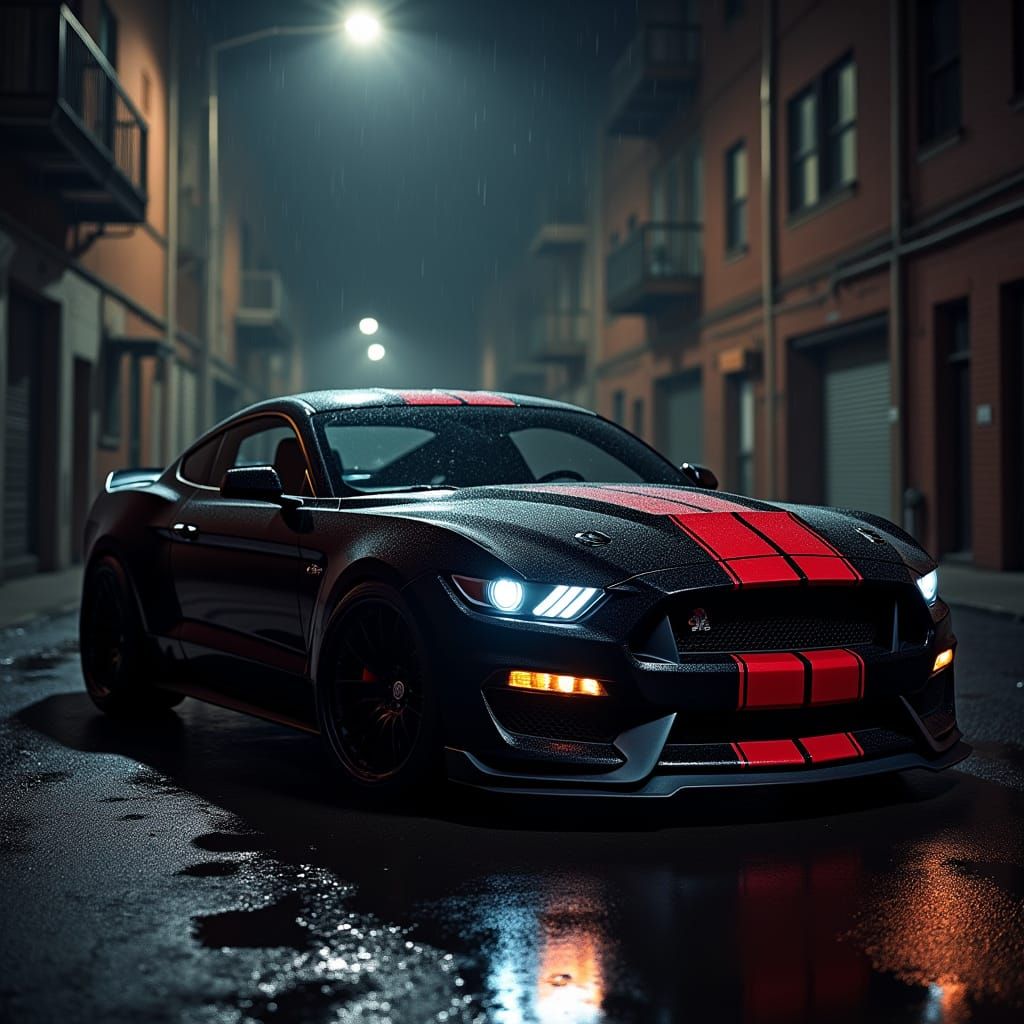 Sleek Black Mustang with Red Racing Stripes Illuminated by C...