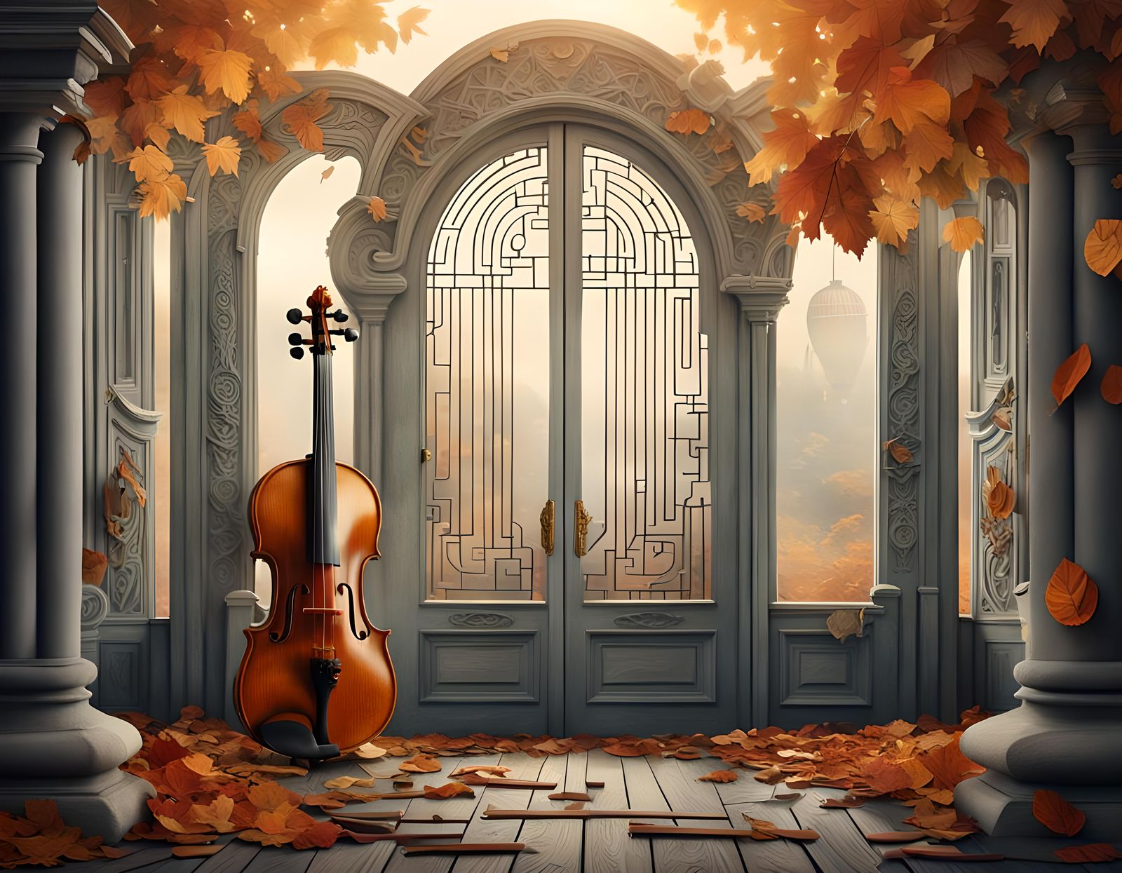 Surreal Art Nouveau Dreamscape with Violin and Maze