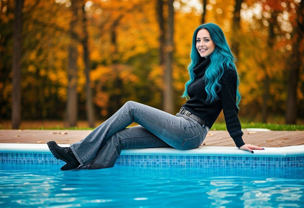 Woman With Blue Hair Enjoys Autumn Pool Day