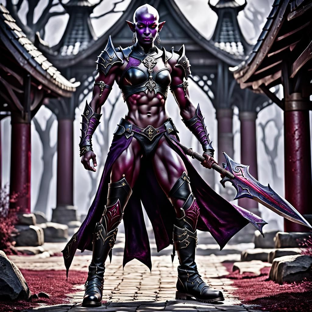 Muscular Dark Elf Warrior in Black Leather Boots