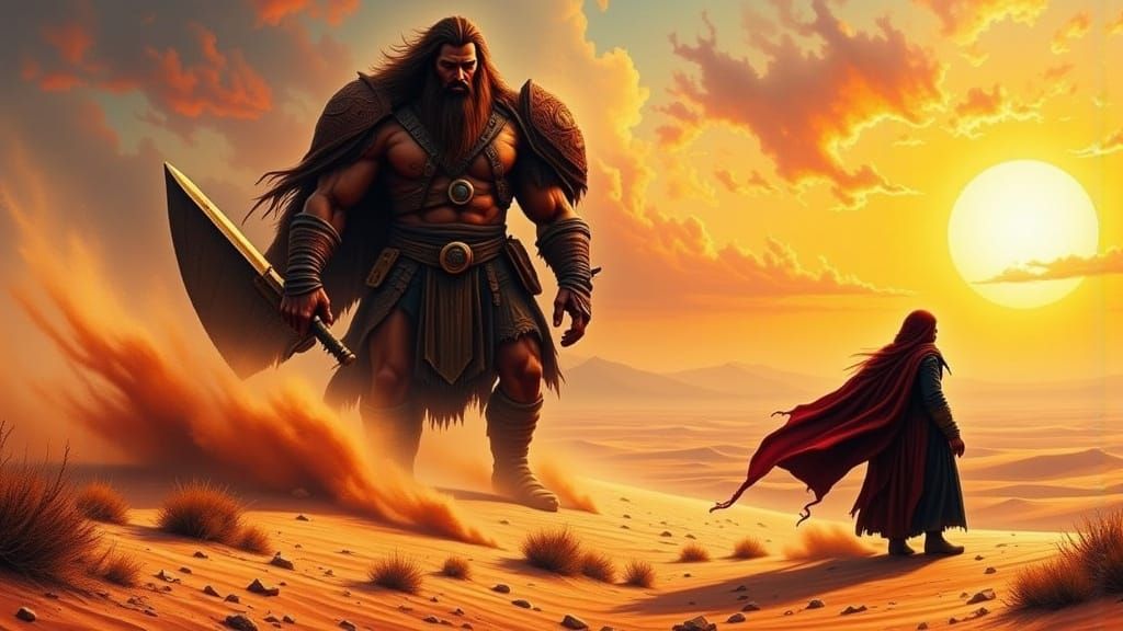 Giant Warrior Battles Nomadic Tribes at Sundown