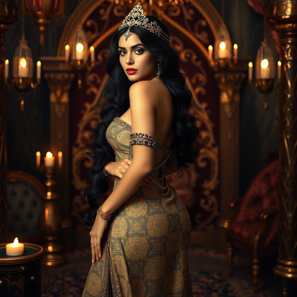 Regal Middle Eastern Goddess in Vibrant Art Nouveau Splendor