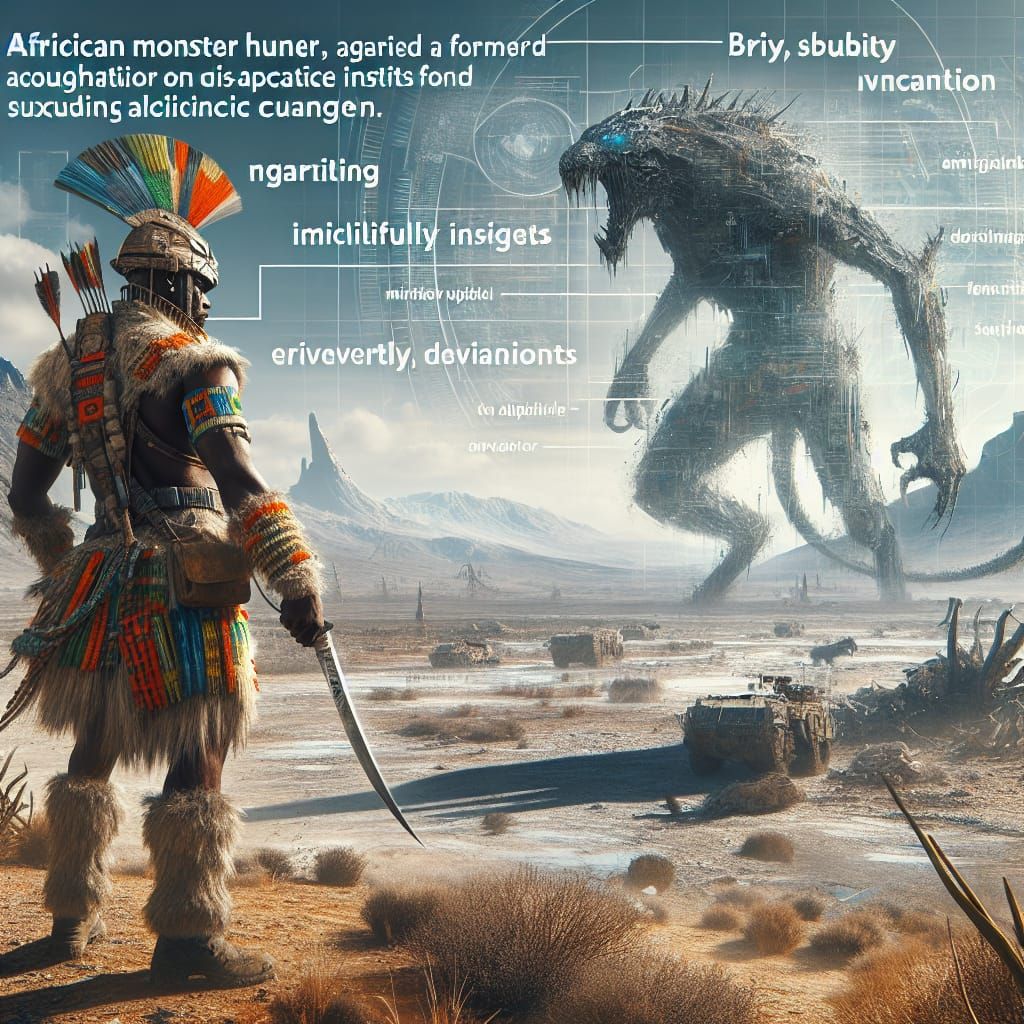 African Monster Hunter in Post-Apocalyptic Sci-Fi Landscape