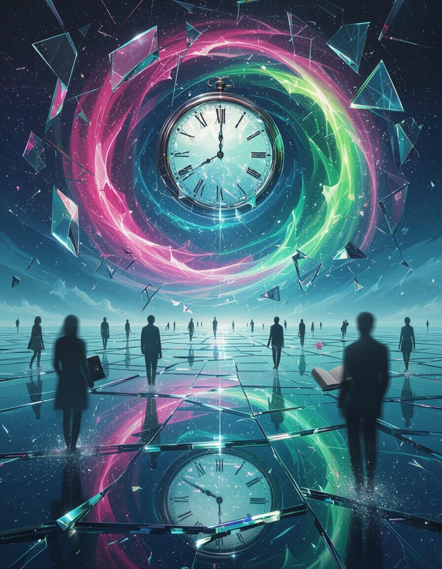 Surreal Glass World with Frozen Time and Floating Clock