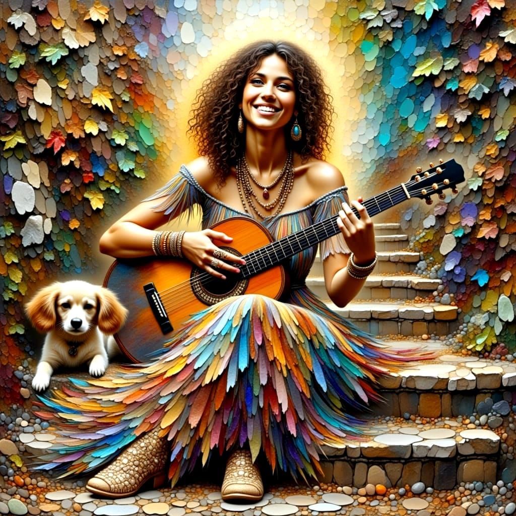 Charismatic Oil Painting of Happy Hippie Musician Girl with ...