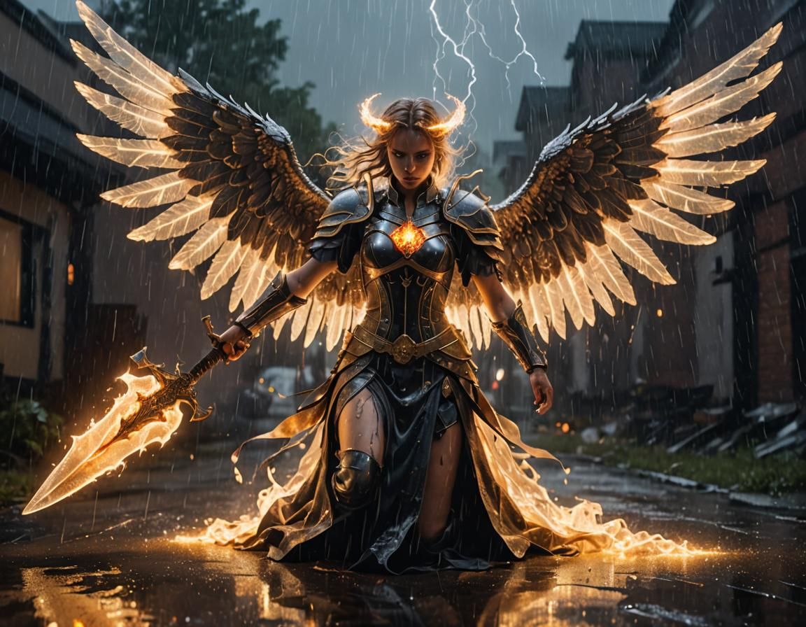 Fallen Angel with Flaming Sword in Lightning Storm
