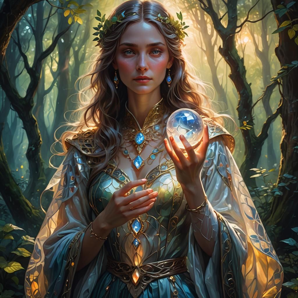 Mysterious Woman with Glowing Moonstone in Oil Painting
