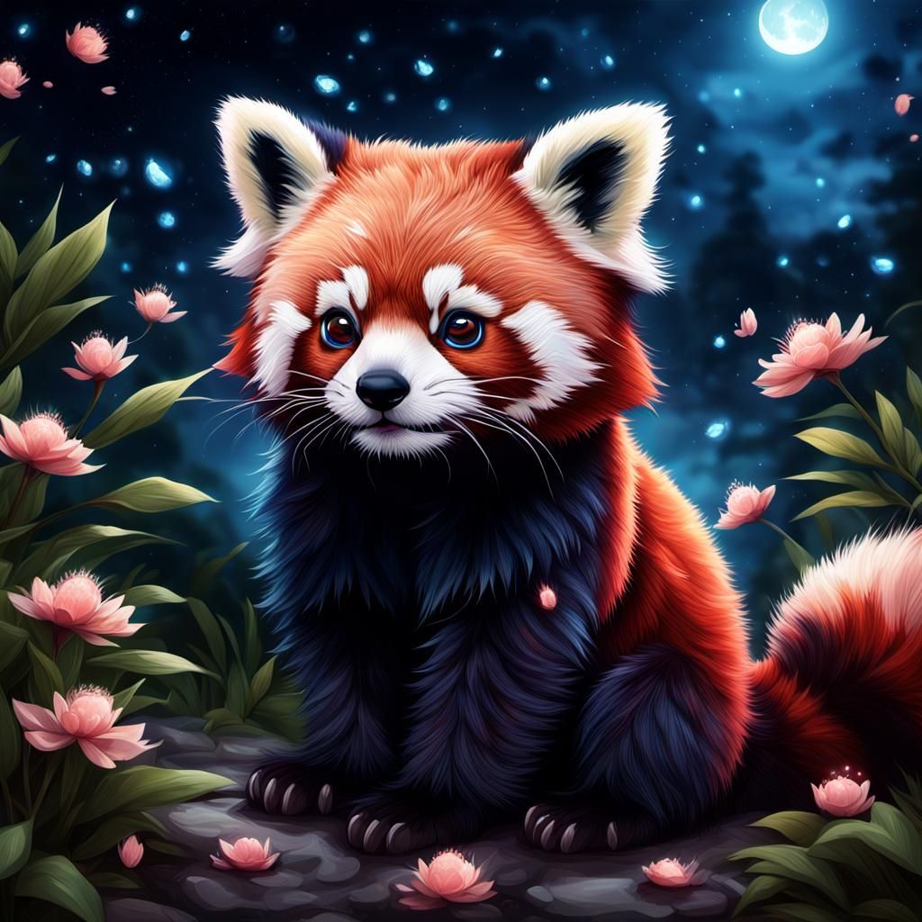 Adorable Red Panda with Fireflies Digital Art