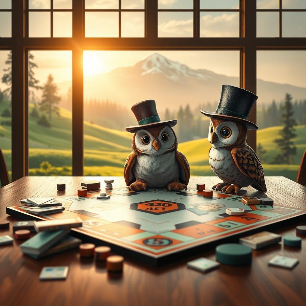 Whimsical Toy Owl Contemplates Monopoly Move in Dreamlike Oi...