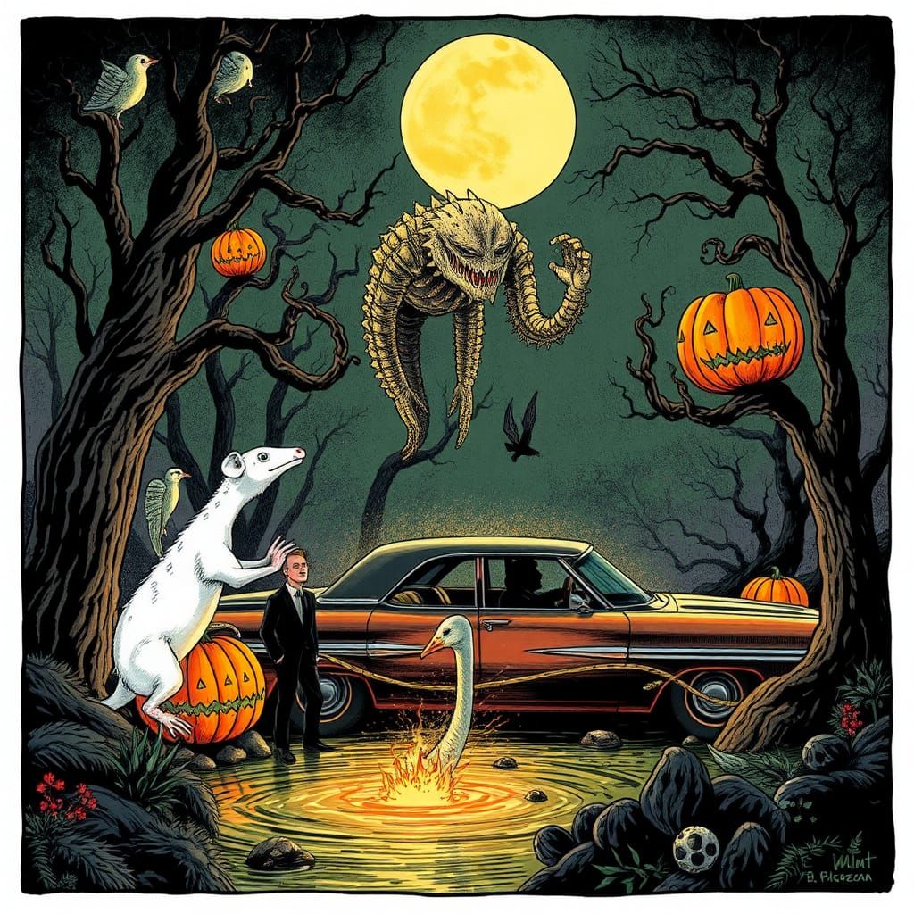 Surreal Scene of Fantastical Characters Emerging from Forest