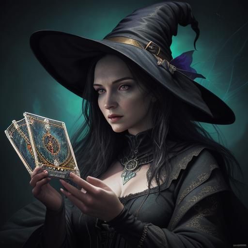 Hyperrealistic Witch Reading Tarot Cards