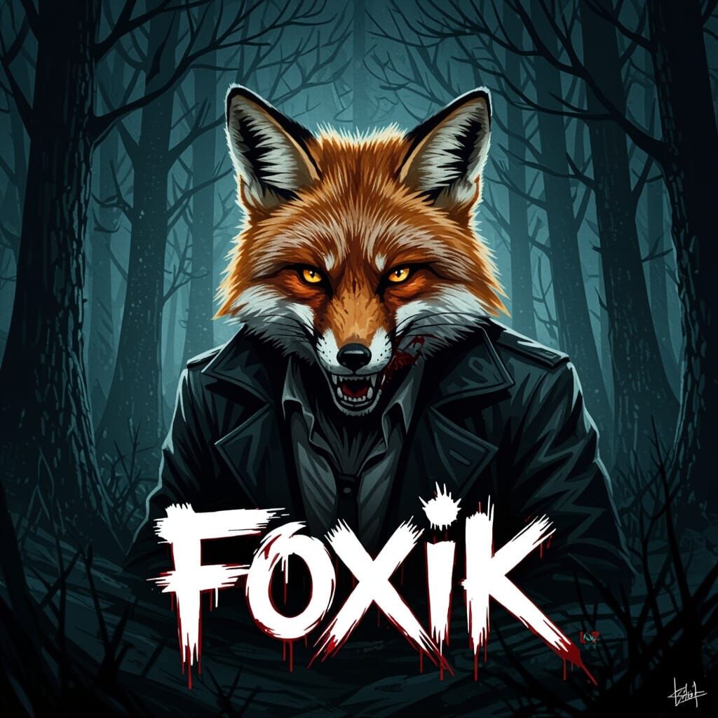 Gangster Fox in Dark Forest with FOXIK Text