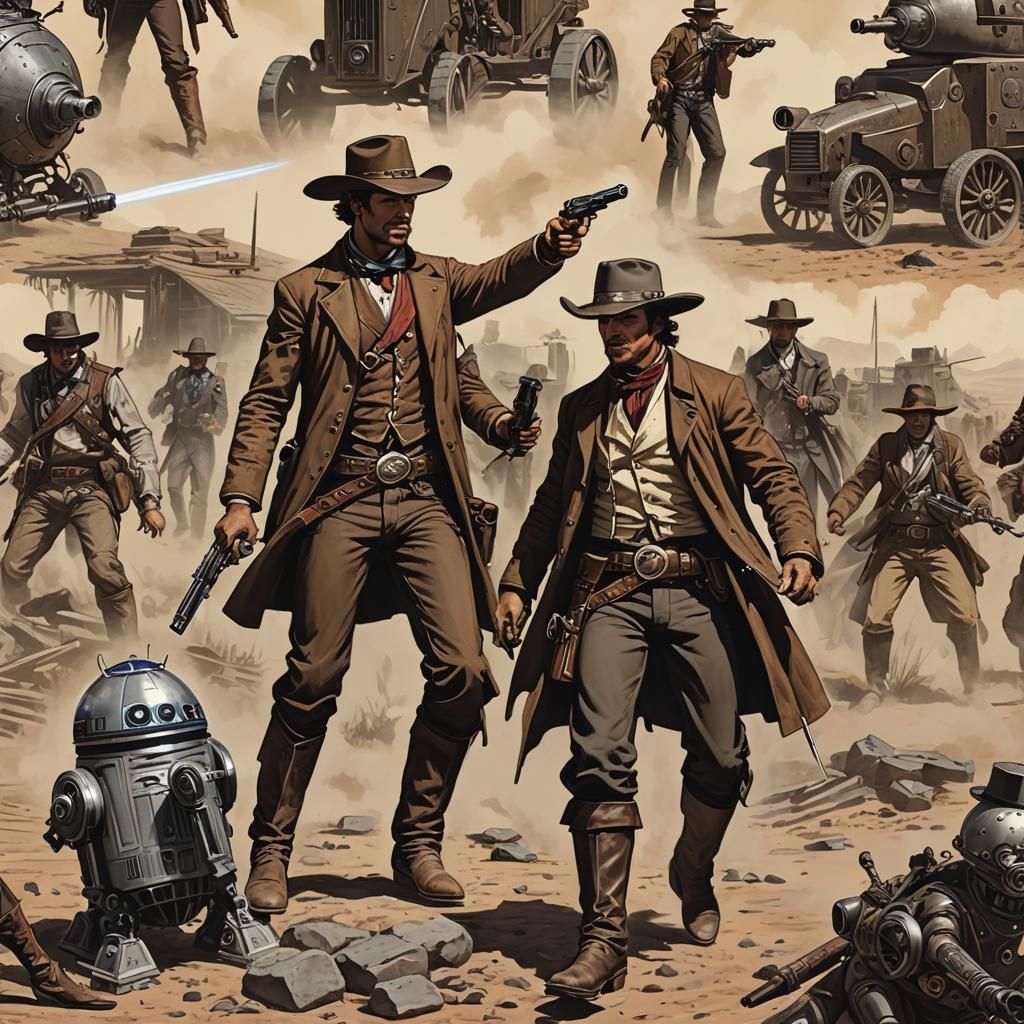 Steampunk Cowboy Duel with Droid in Wild West