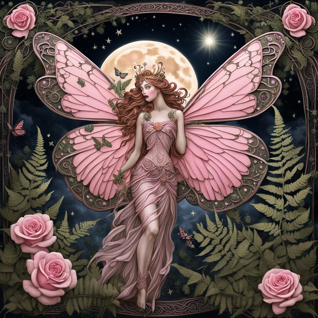Art Nouveau Fairy with Monarch Wings and Roses