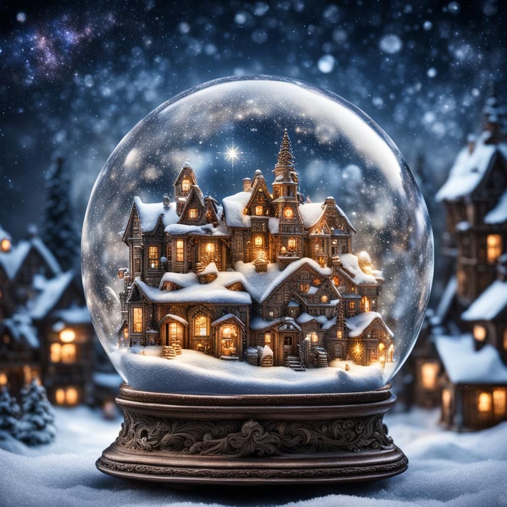 Magical Snow Globe Village Scene with Asterism