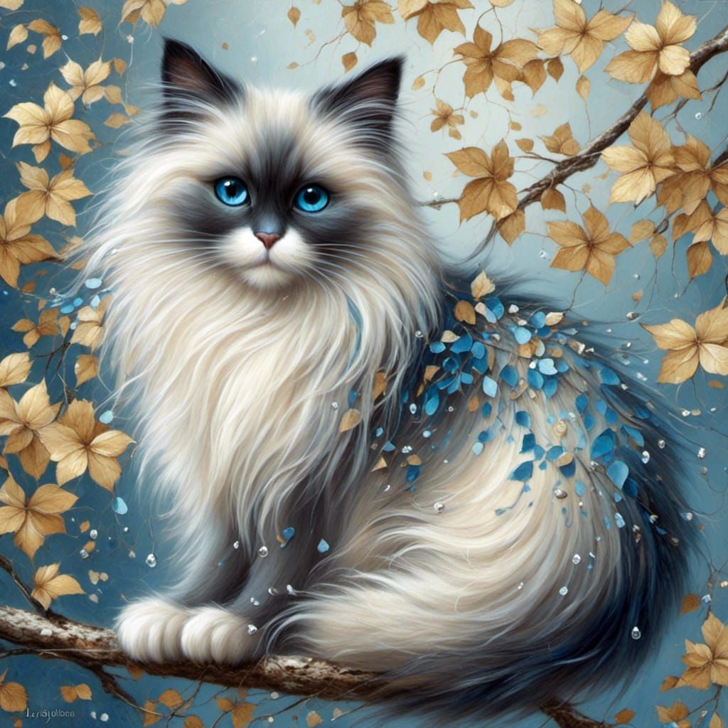 Ragdoll Cat on Branch in Detailed Art Style