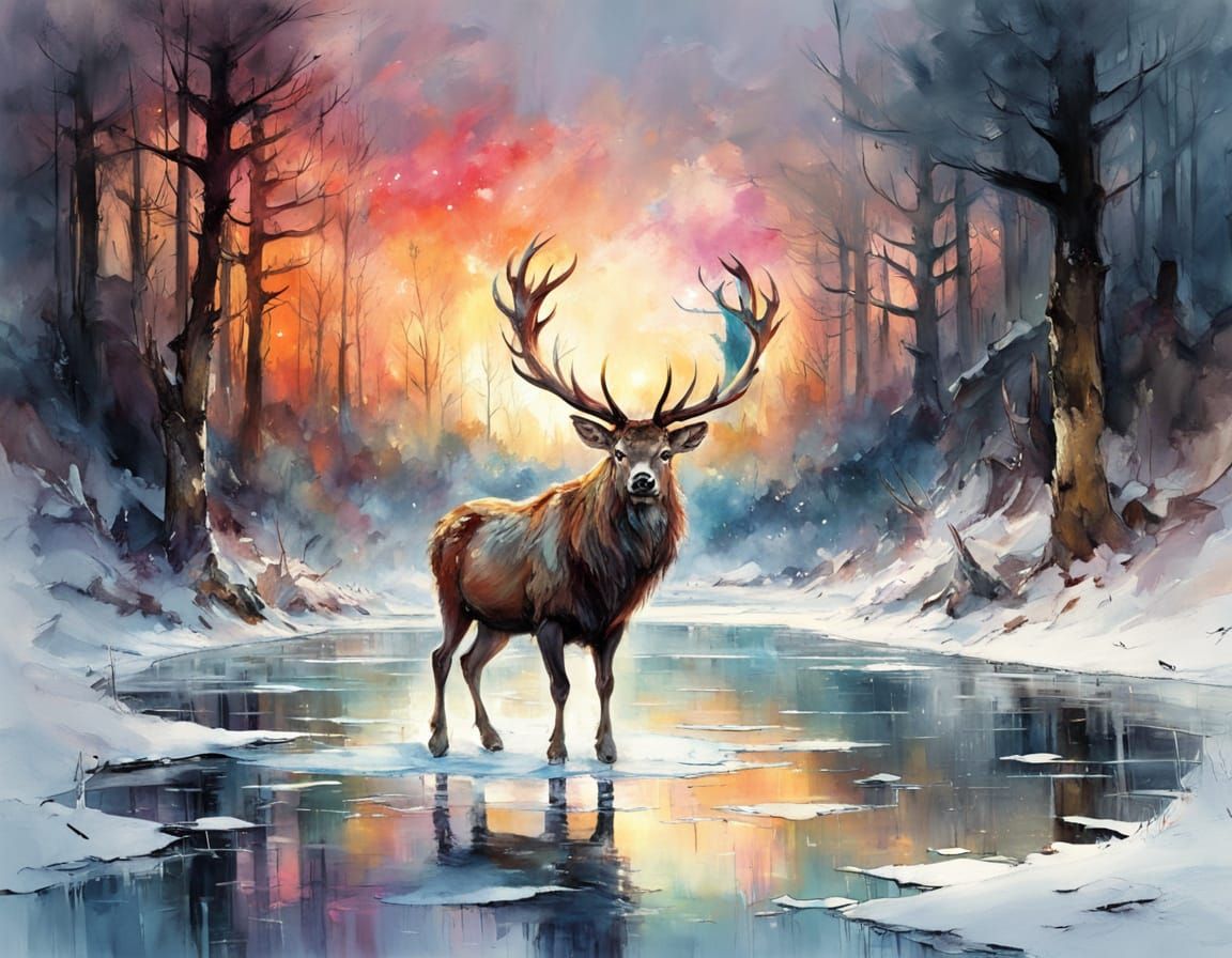 Stag Watching Children Ice Skating: Watercolor Painting