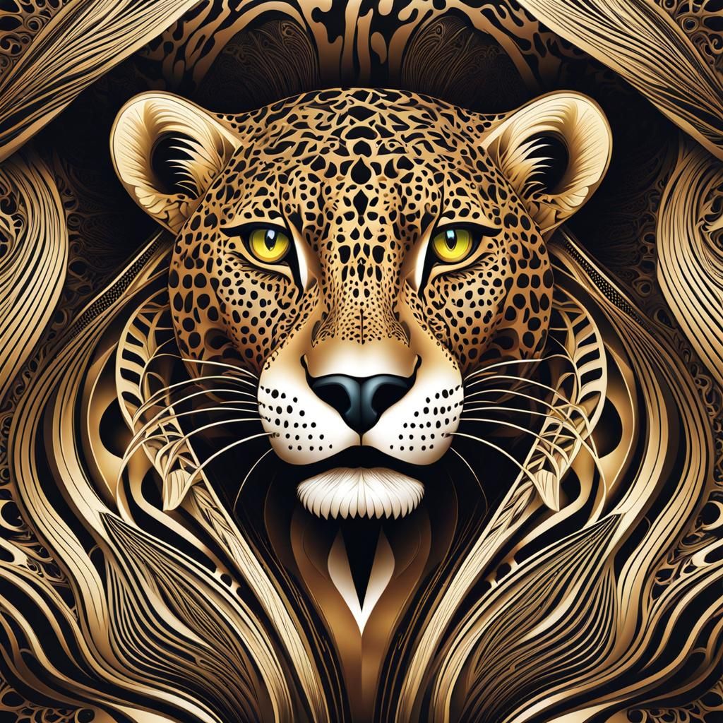 Abstract Fractal Jaguar with Zentangle Elements