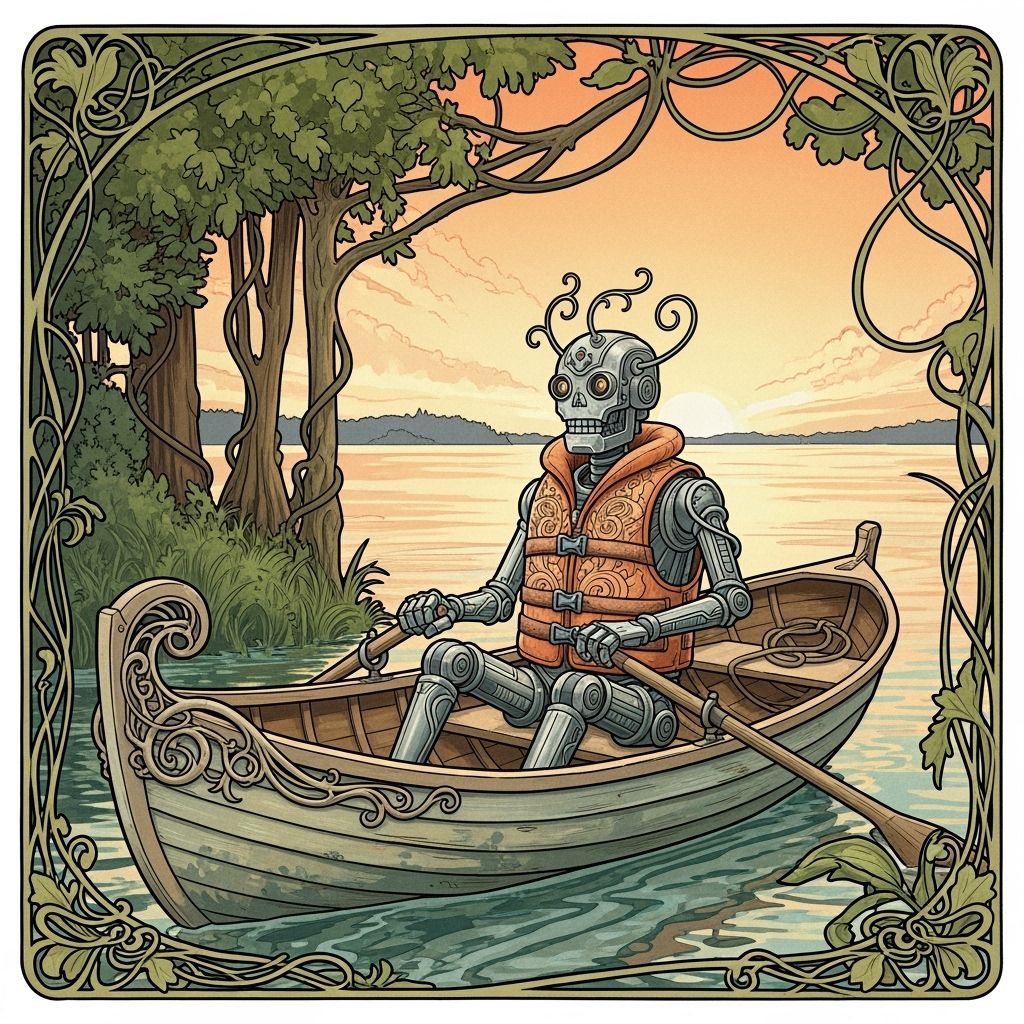 Art Nouveau Robot Glides on Lake Superior at Sunset