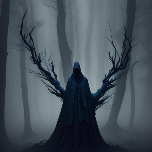 Mysterious Figure in Dark, Misty Forest