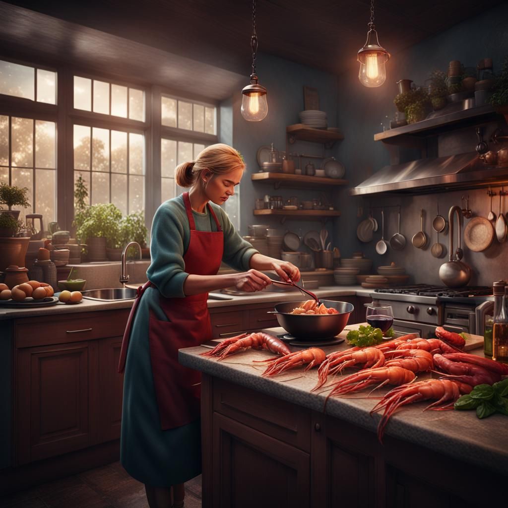 Woman Cooking Prawns: Detailed Matte Painting