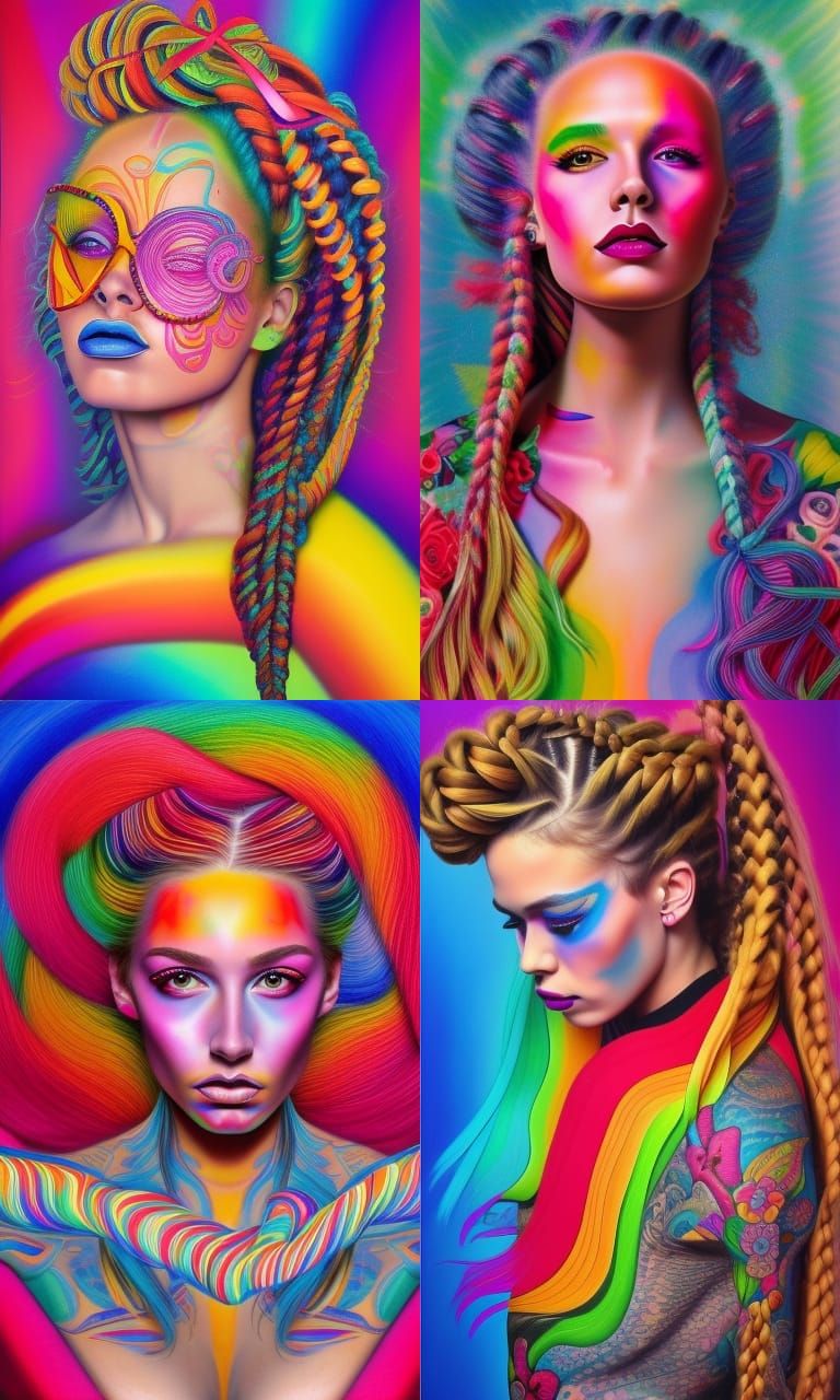 hyperrealistic portrait psychedelic 80s woman with amazing hair braids and ribbons, tattoo rainbow,intricate patterns