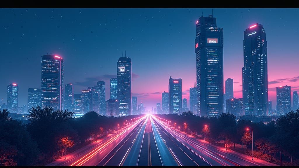 Futuristic Cityscape at Dusk in Cyberpunk Style