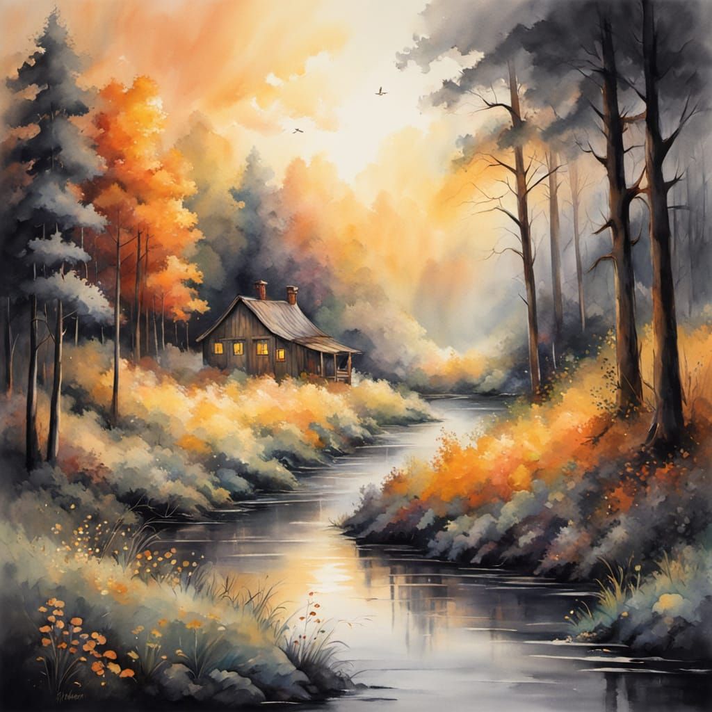 Mystical Forest Grange in Ethereal Gouache Style