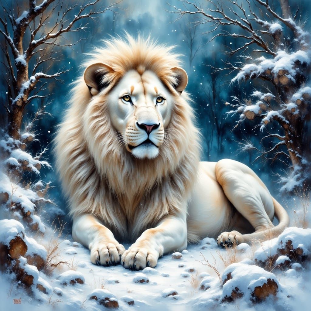 Majestic White Lion in Winter Wonderland as Impasto Painting