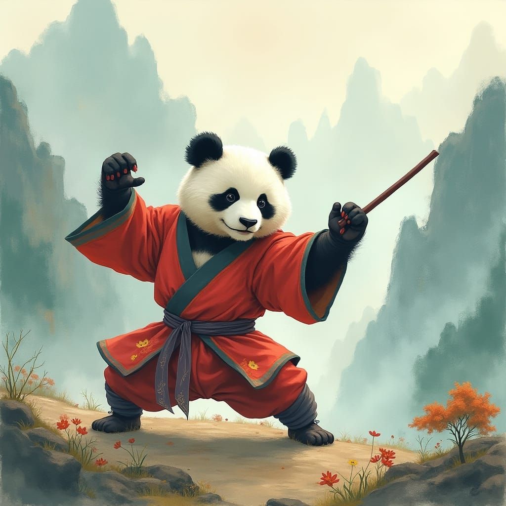 Kung Fu Panda in Misty Mountains, Watercolor Style