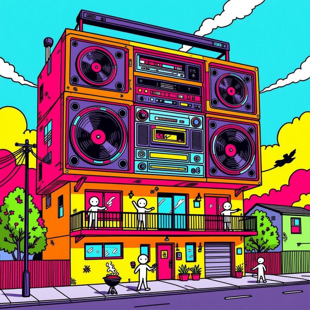 Neon Boombox Apartment Building in Hand-Drawn Style