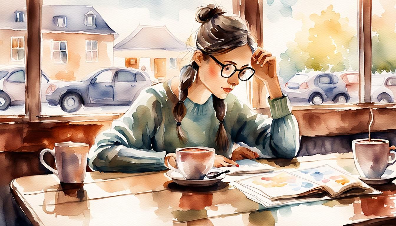 Whimsical Watercolor of Girl Drawing in Cafe