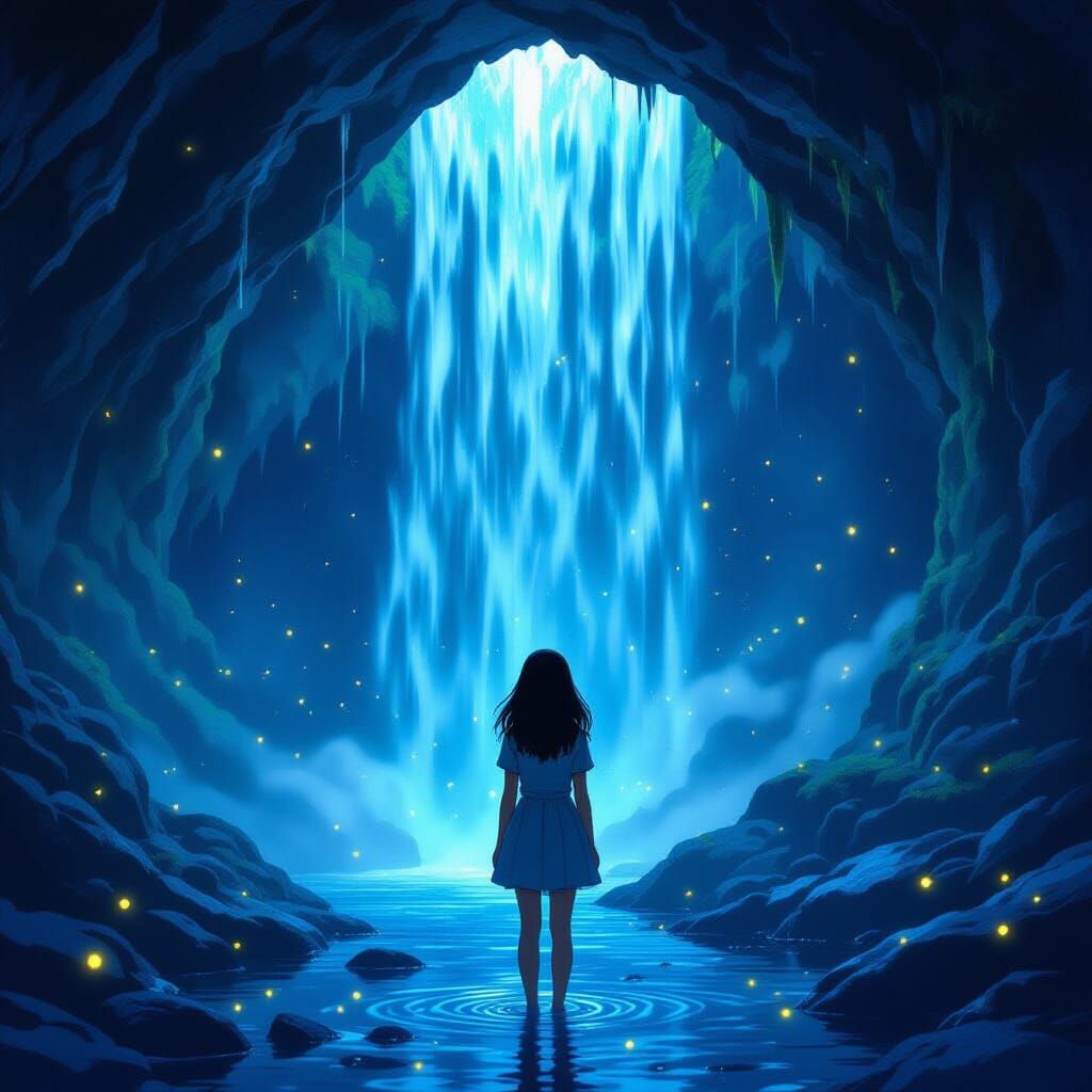 Girl in Cave Behind Waterfall, Mystical Ethereal Style