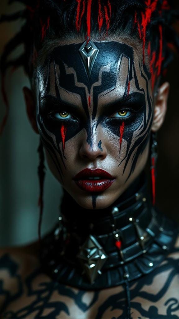 Fierce Warrior with Abstract Face Paint in Dramatic Light