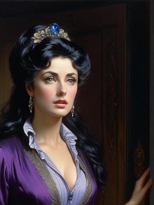 Elegant Woman in Doorway, Darkly Realistic Oil Painting