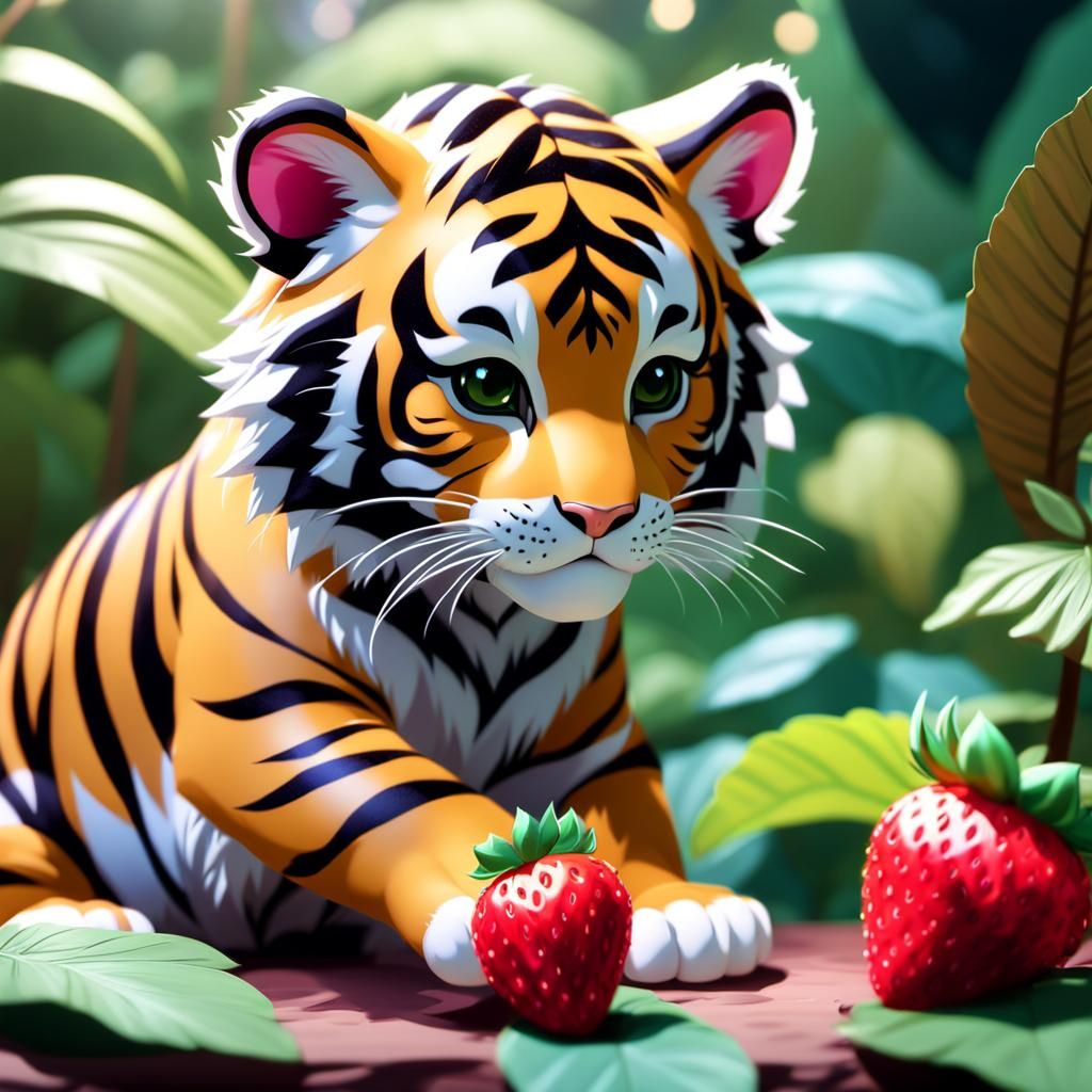 Tiger Cub in Jungle with Strawberry: Anime 3D Art