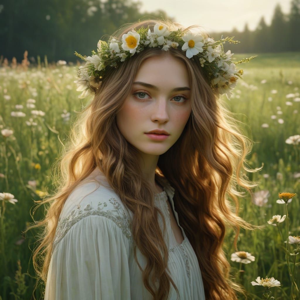 Ethereal Woman in Meadow: A Renaissance-Inspired Portrait
