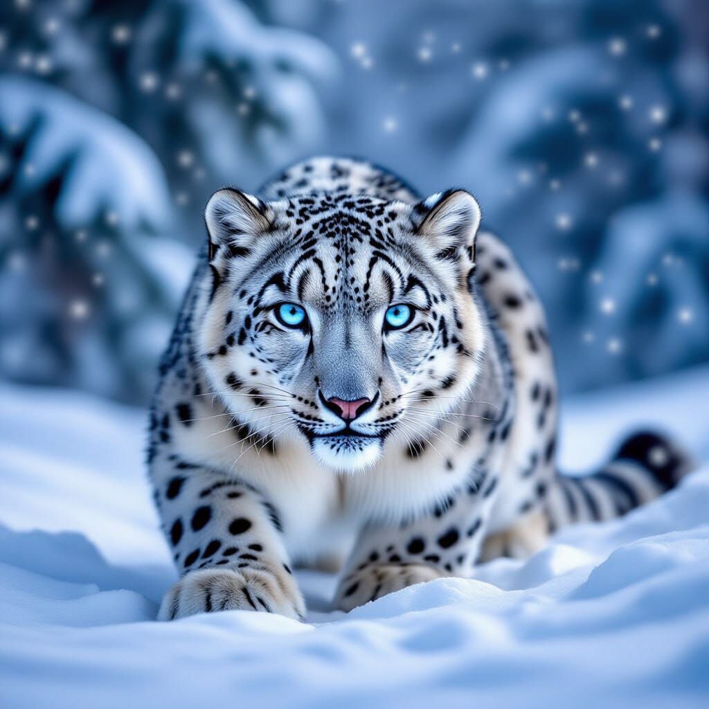 Snow Leopard Ready to Pounce in Winter Wonderland